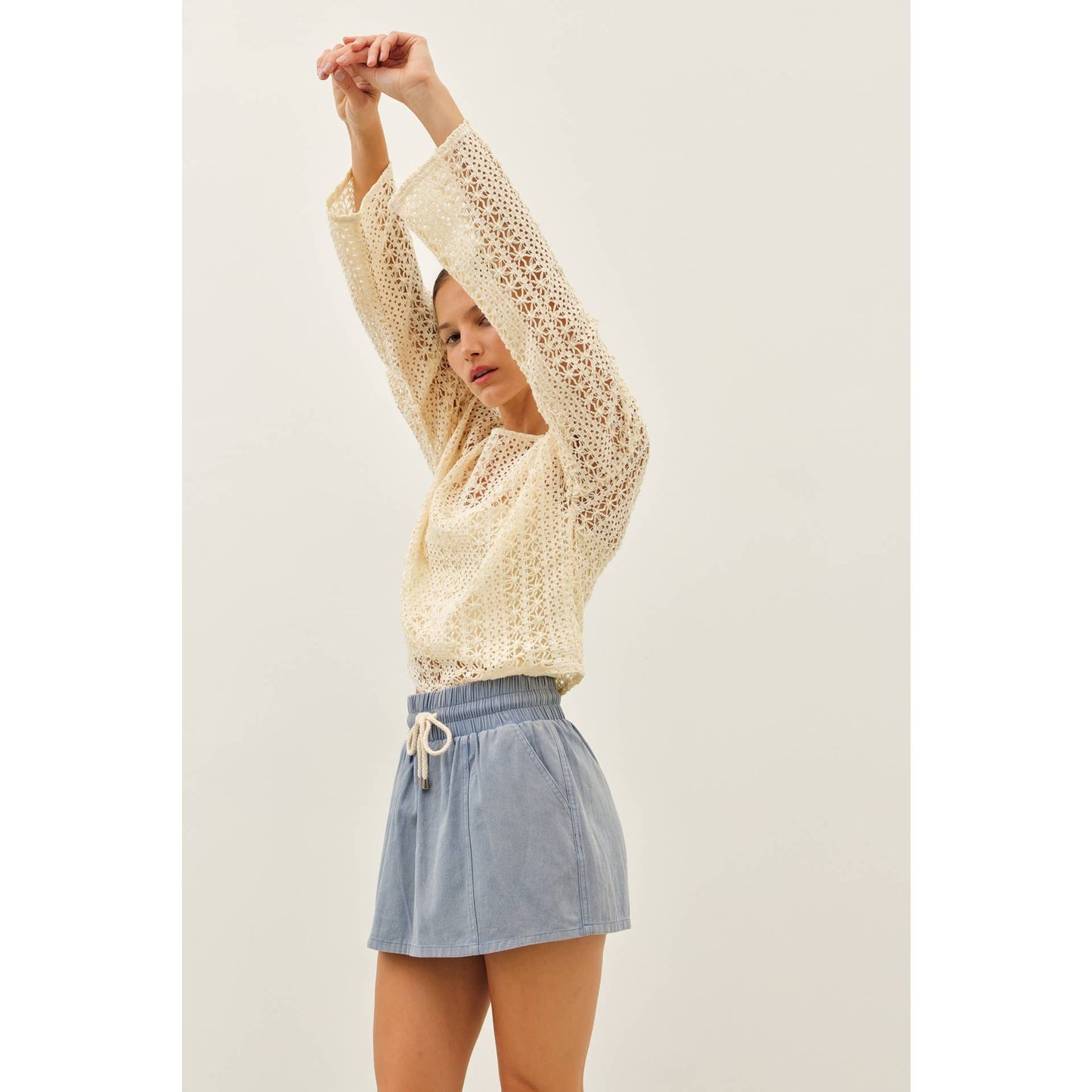 Cream Sheer Floral Crochet Top With Bell Sleeves
