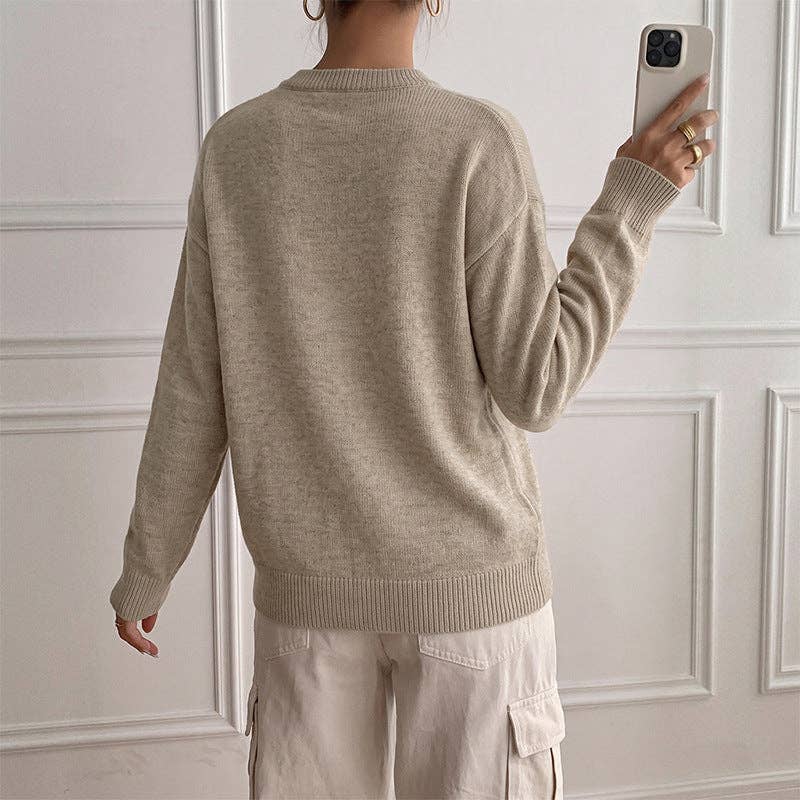 Colorblock Knit Sweater Relaxed Fit Long Sleeve Pullover: Khaki / 35% Polyamide+65% Acrylic / S