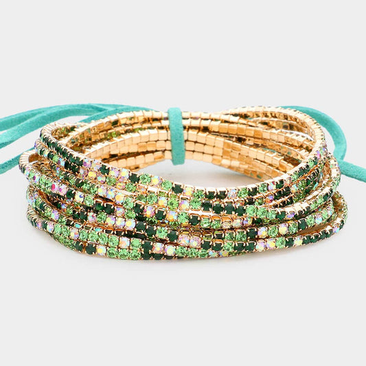 Greens 12 Piece Rhinestone Layered Stretch Bracelet Set