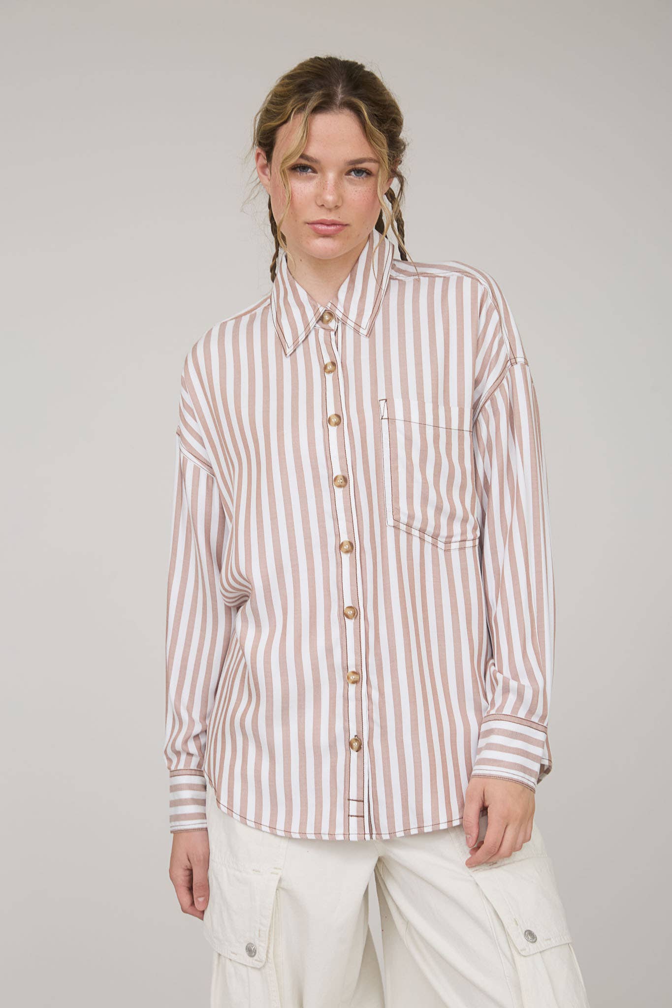Brown Stripe Collared Button Down Shirt
