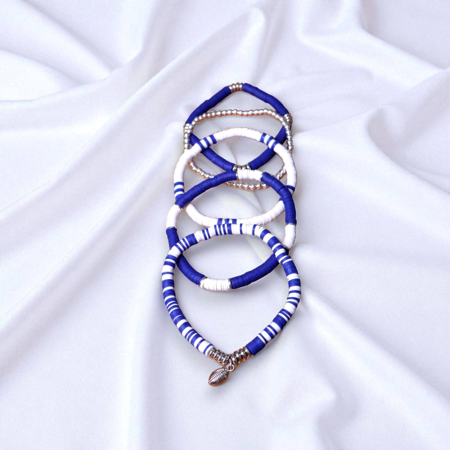  Royal Blue and White Game Day Bracelet Stack: Medium (7 inch) / Football
