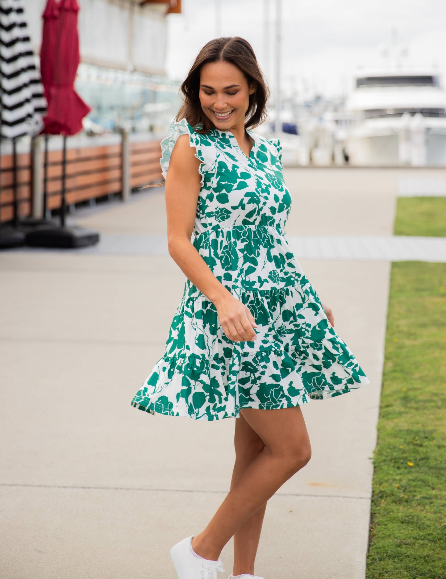 Sale Green & White Floral V-neck Tiered Babydoll Dress