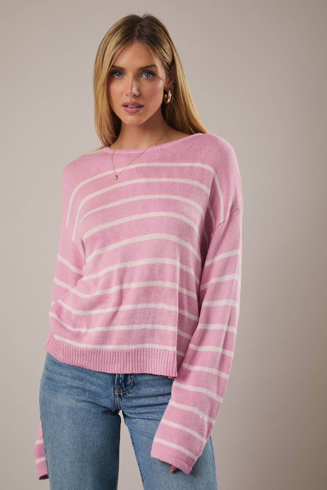 Pink Striped Round Neck Lightweight Sweater