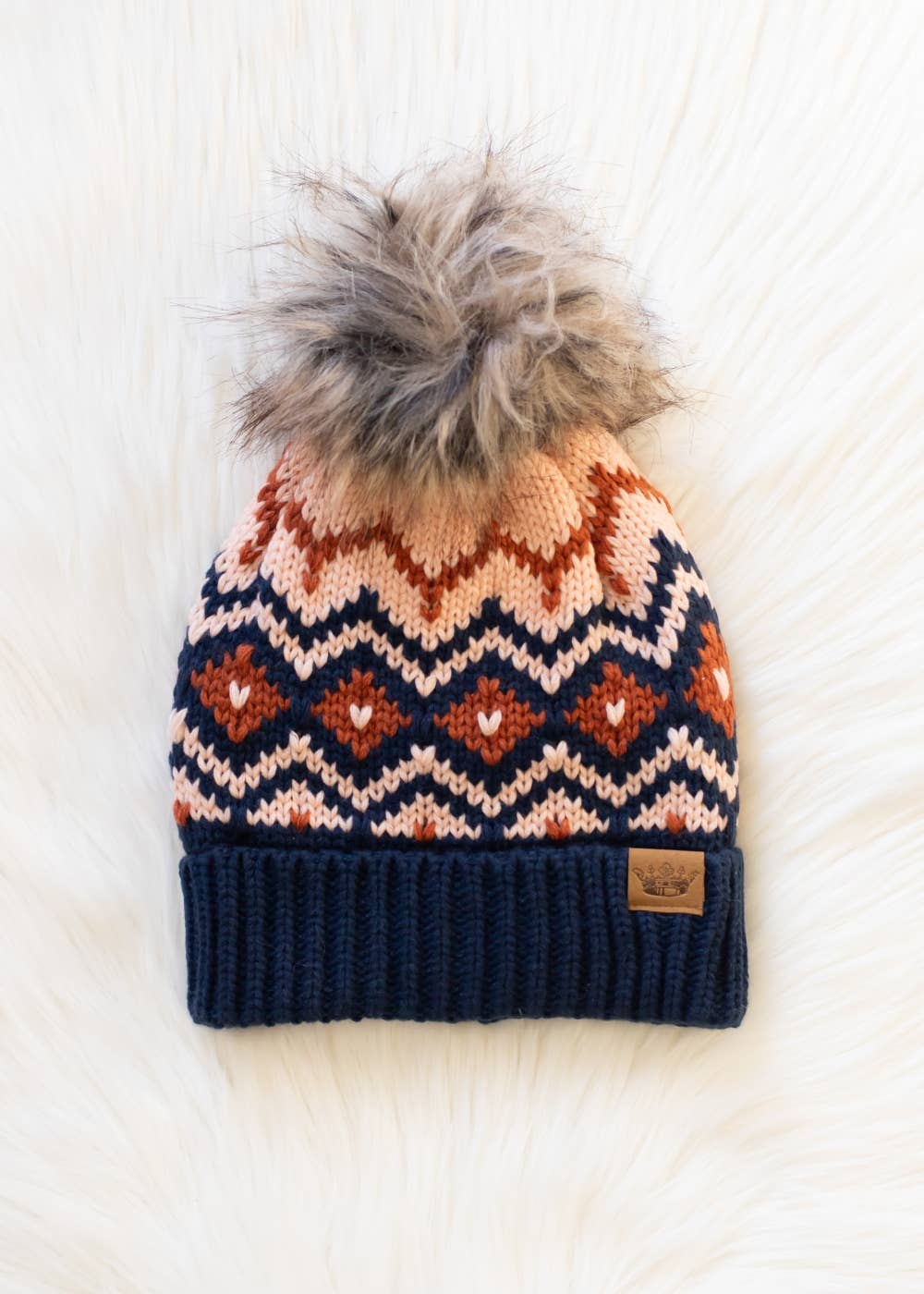 Navy, Rust & Pink Patterned Pom Hat