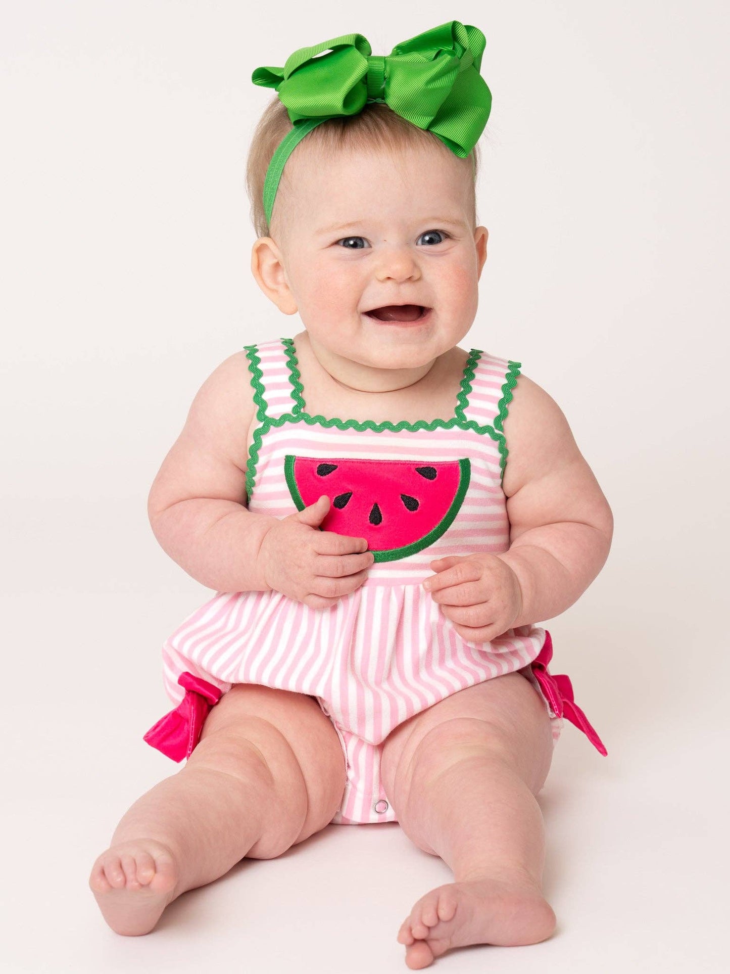Watermelon Days Striped Embroidery Ruffle Bubble Romper