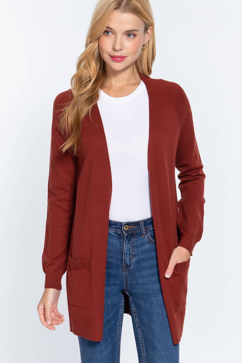 Slim Fit Open Sweater Cardigan w/ pocket: Red