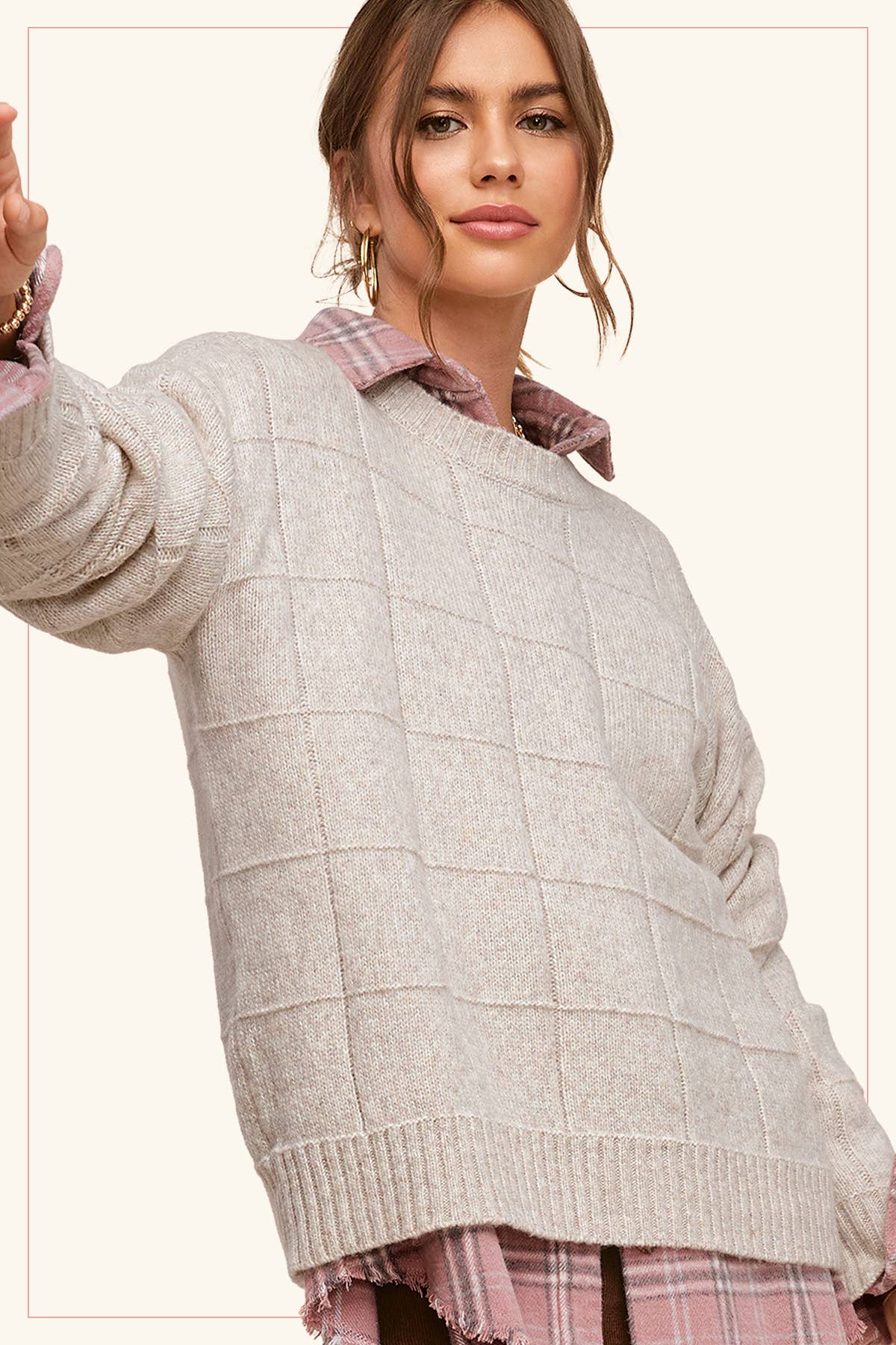Oatmeal Windowpane Patterned Sweater