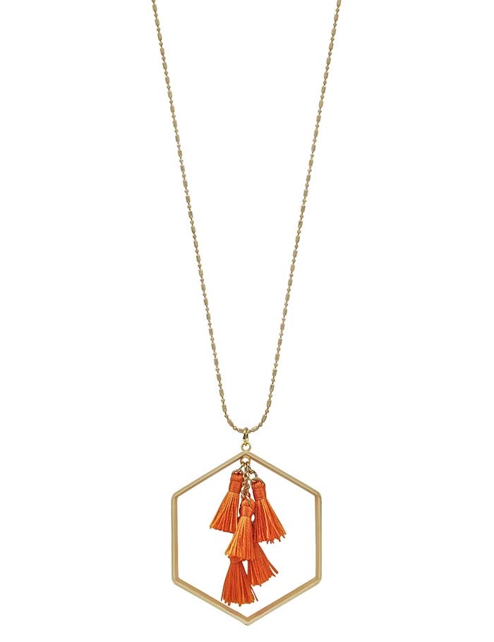 Gold Hexagon With Orange Tassel 24" Necklace, Gameday!