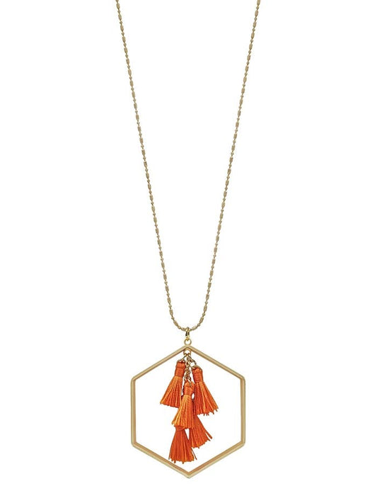 Gold Hexagon With Orange Tassel 24" Necklace, Gameday!