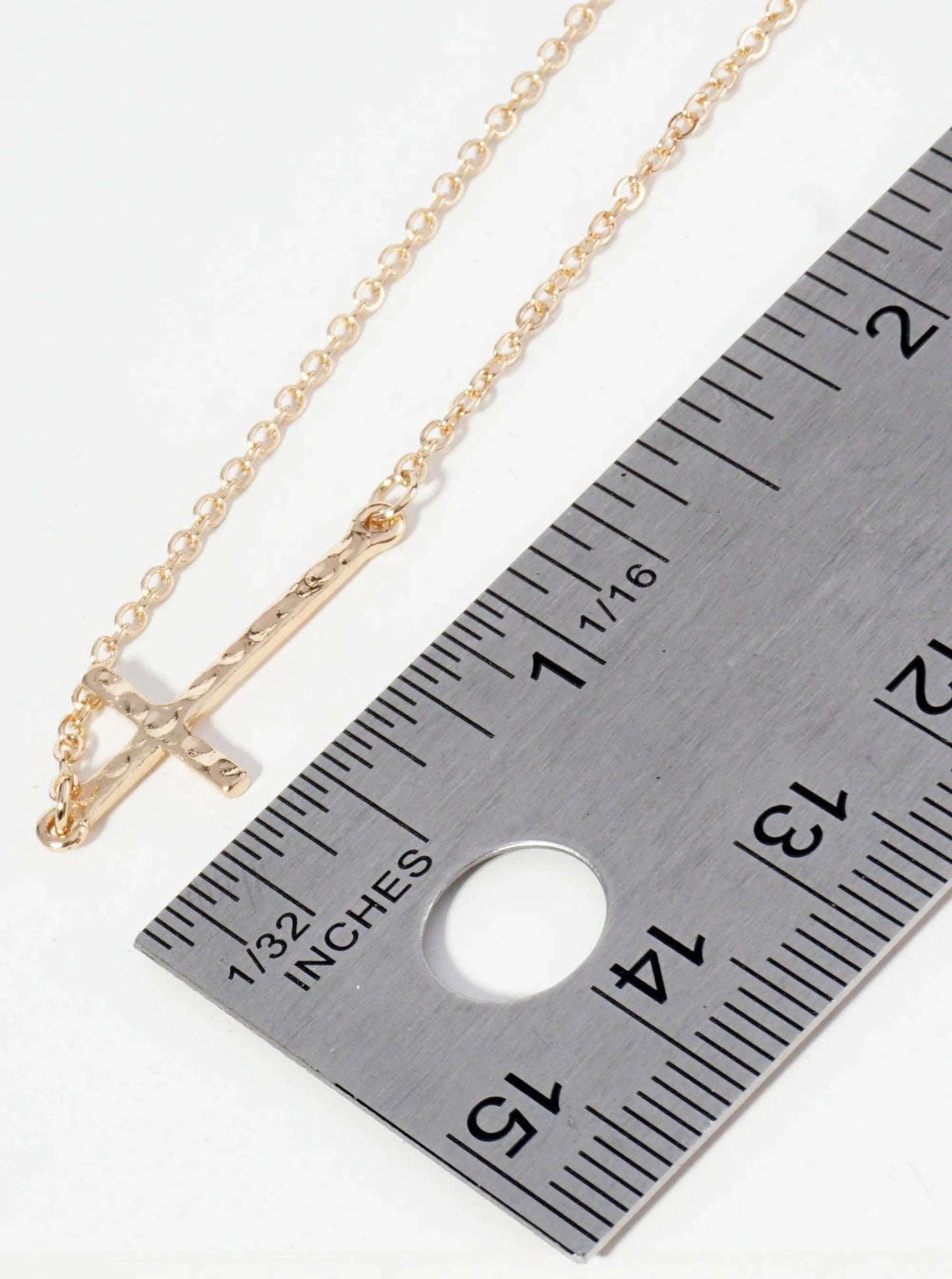 Gold Hammered Metal 1 Inch Sideways Cross Pendant Necklace