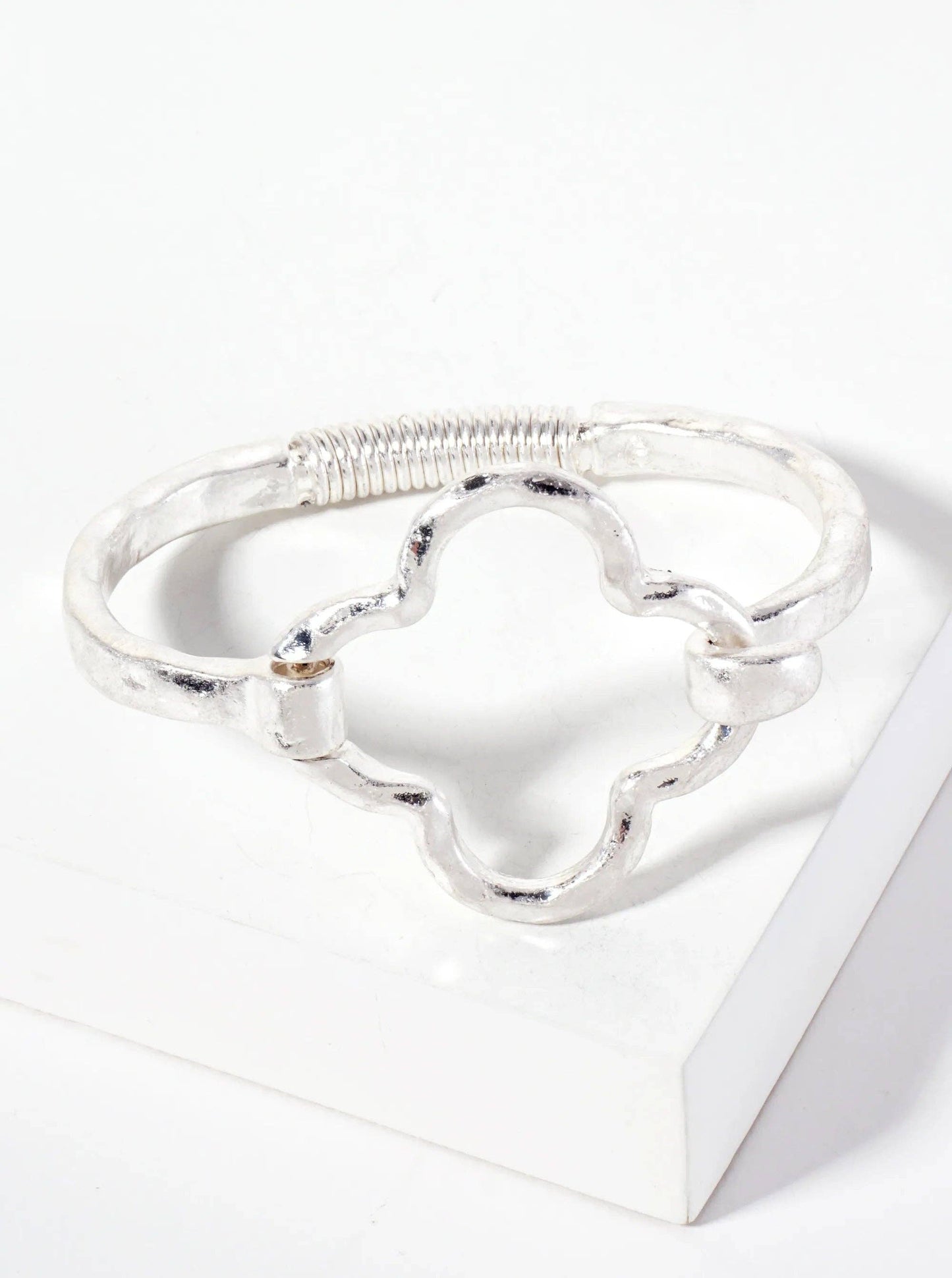 Worn Silver Hammered Metal Quatrefoil Hook Clasp Hinged Bracelet