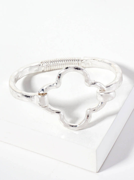 Worn Silver Hammered Metal Quatrefoil Hook Clasp Hinged Bracelet