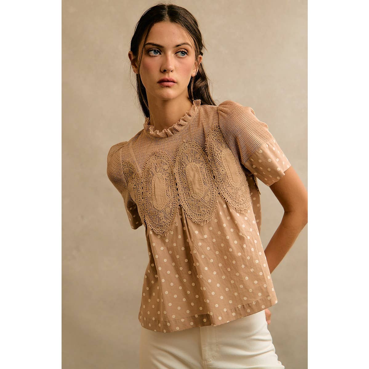 Beige Polka Dot Lace Trim Cotton Blouse