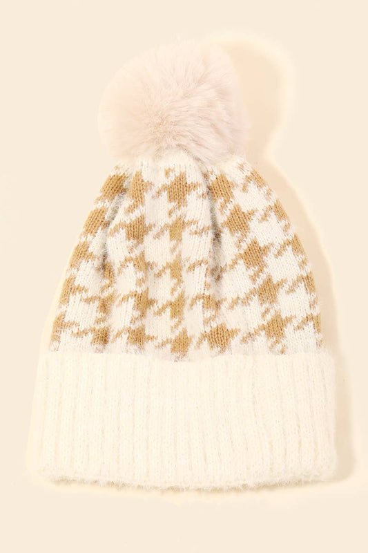 Khaki Houndstooth Print Beanie