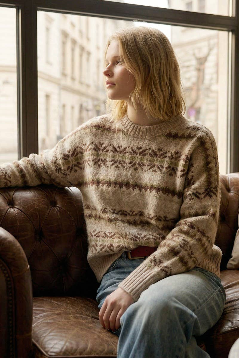 Taupe/Brown Cozy Jacquard  Sweater