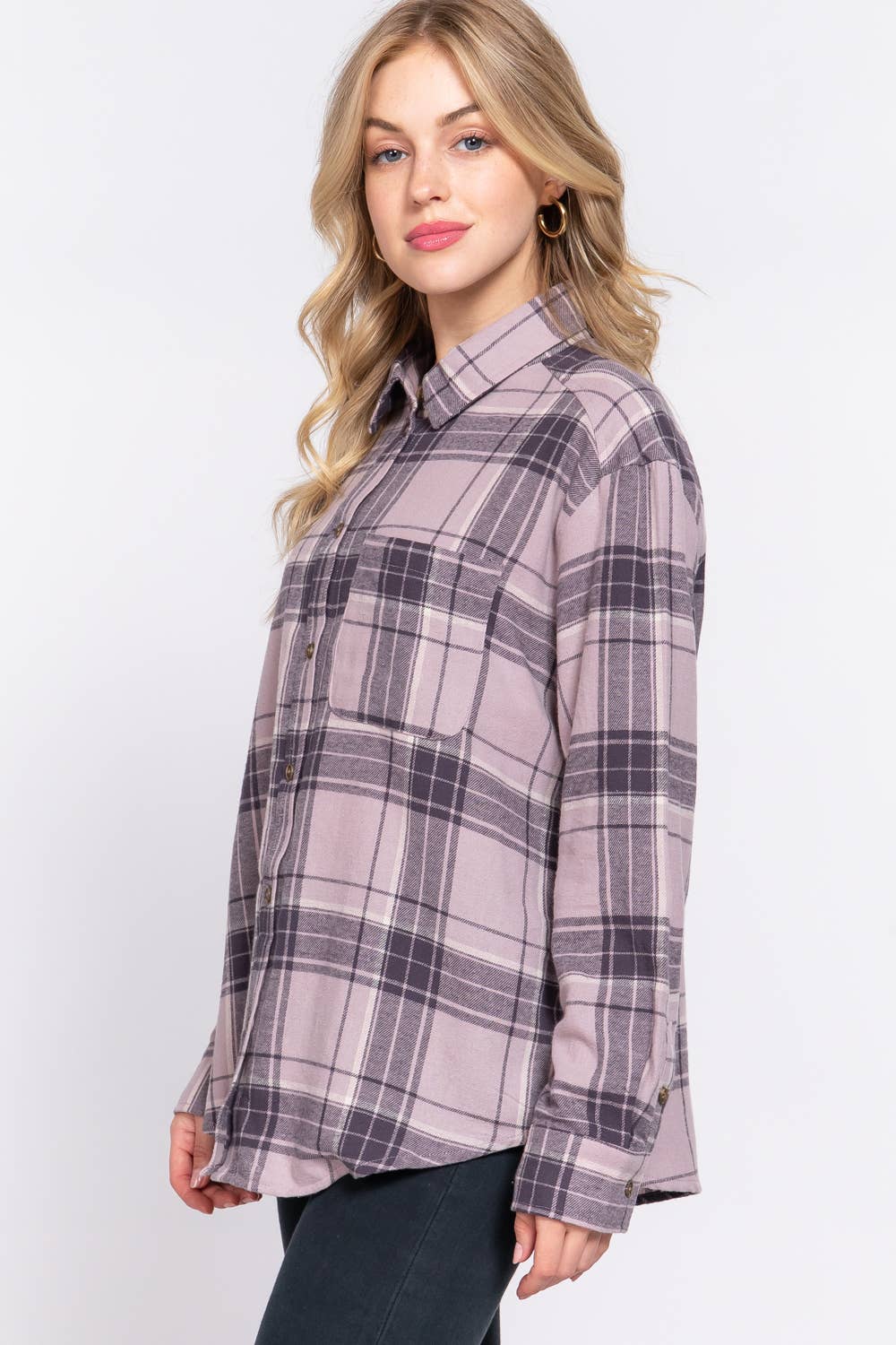 Pink/Mauve/Purple Front Pocket Plaid Shirt