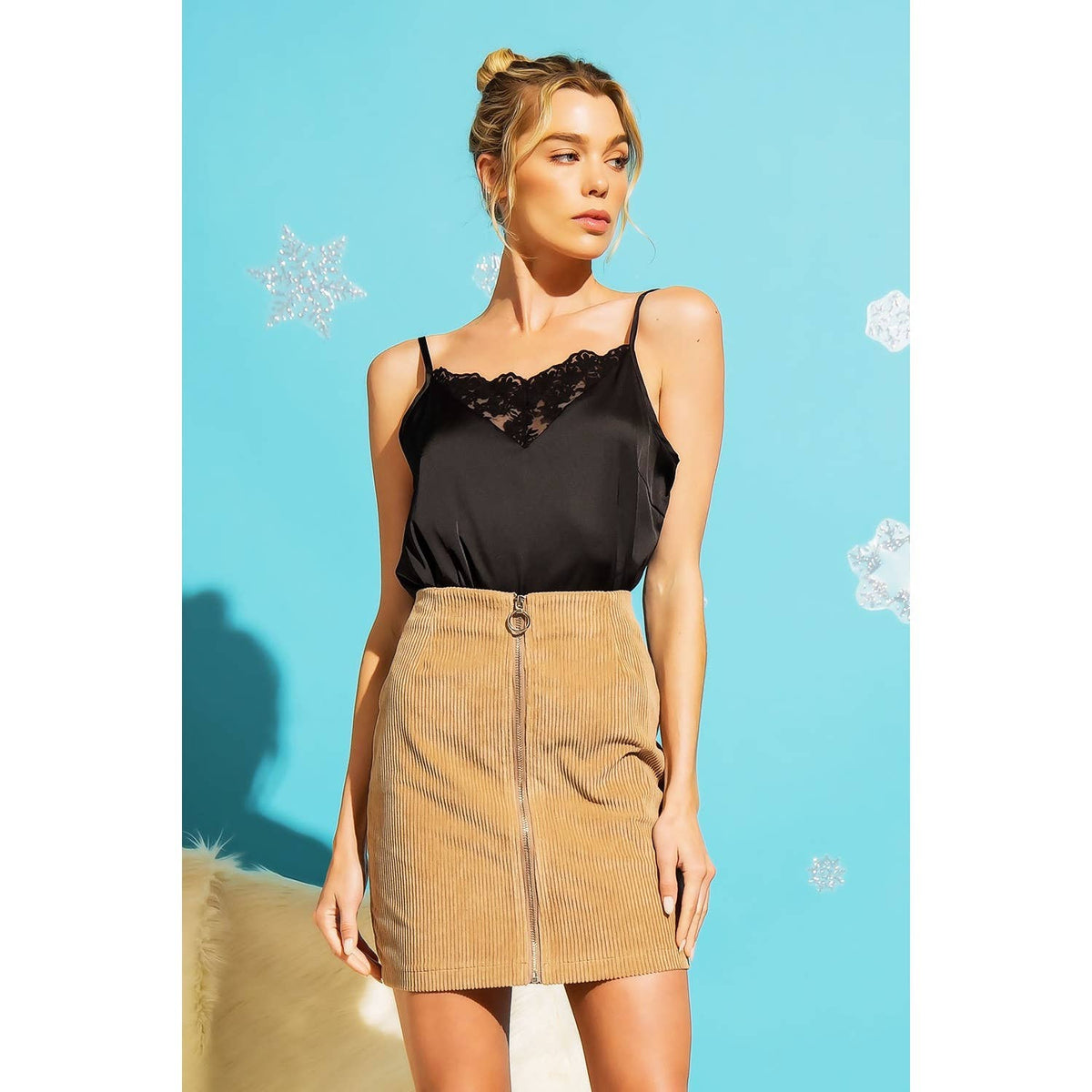 Taupe Corduroy Zip Up Mini Skirt