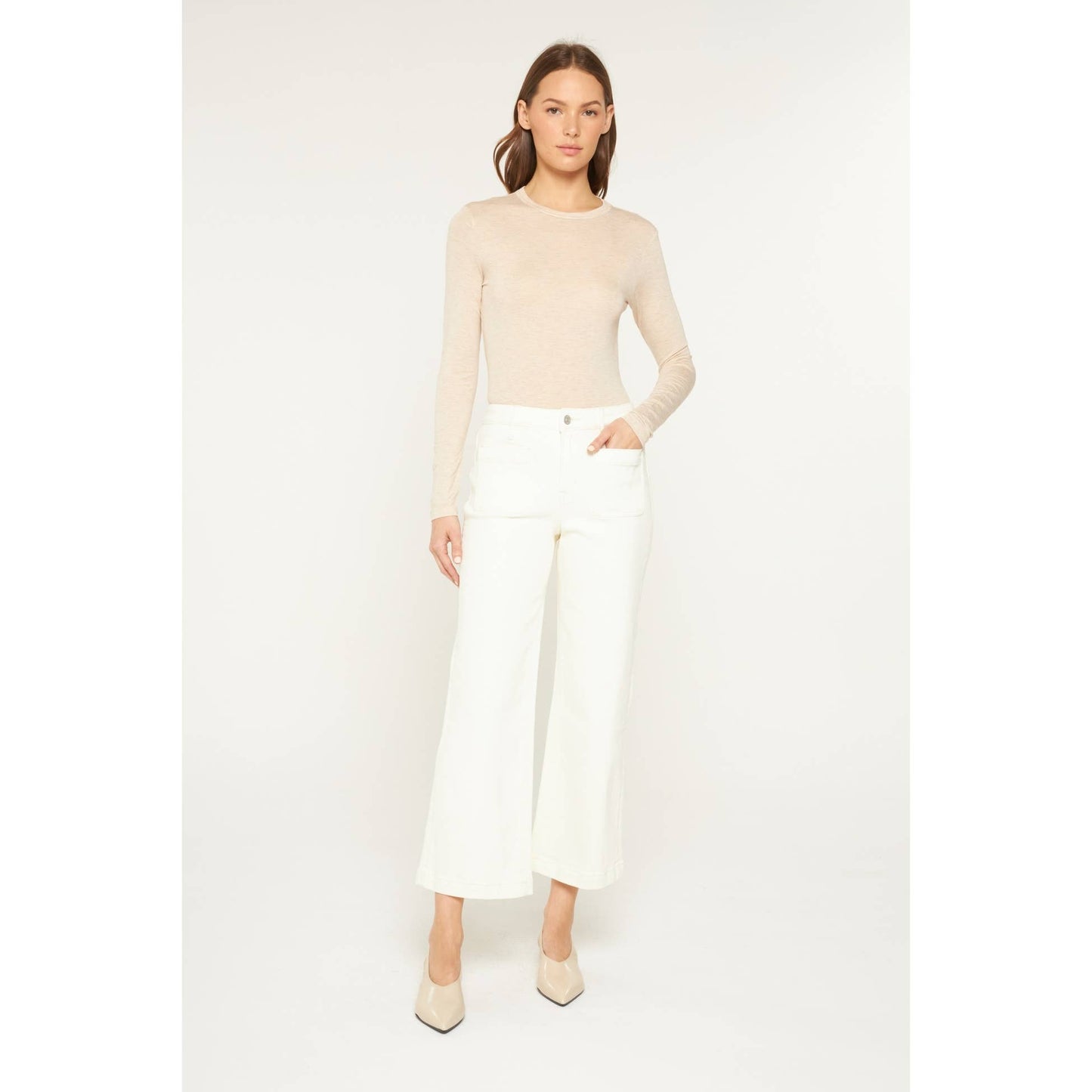 Mica Denim White Chocolate High Rise Cropped Wide Leg Patch Pocket Jean