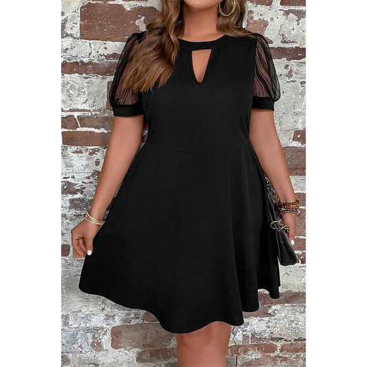 Plus Size Black Solid Cut Out Round Neck Lace Fit Dress