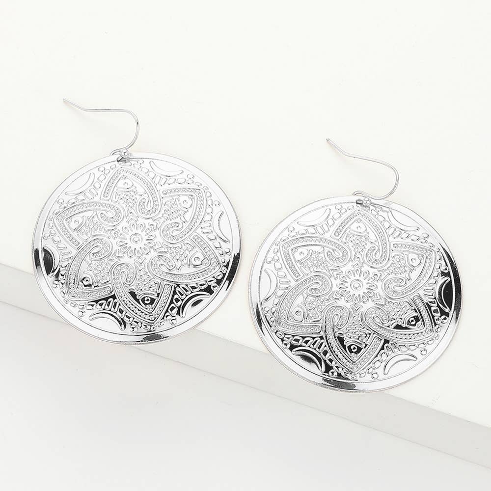 Rhodium Abstract Pattern Engraved Medallion Dangle Earrings