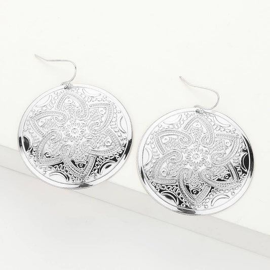 Rhodium Abstract Pattern Engraved Medallion Dangle Earrings