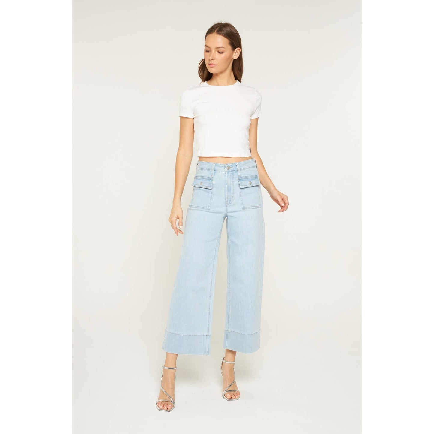 Mica Denim High Rise Cropped Wide Leg Patch Pocket: Blue Grey