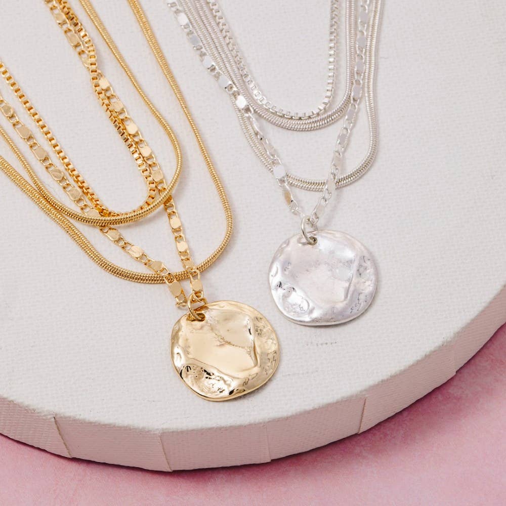 Silver Hammered Coin Pendant Layered Chains Necklace