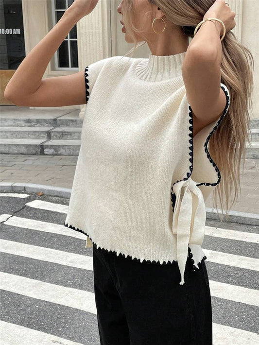 Cream Contrast Trim Lace-Up Open Side Sweater Vest