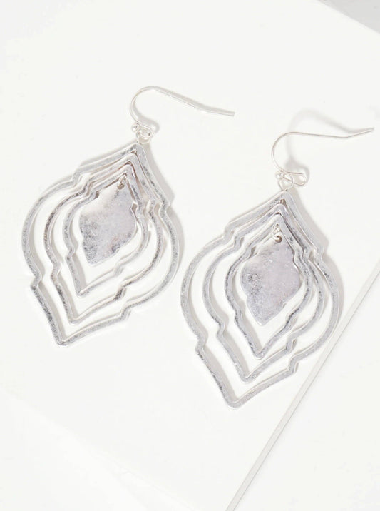 Metal Four Layered Quatrefoil Dangle Drop Earrings: Worn Silver