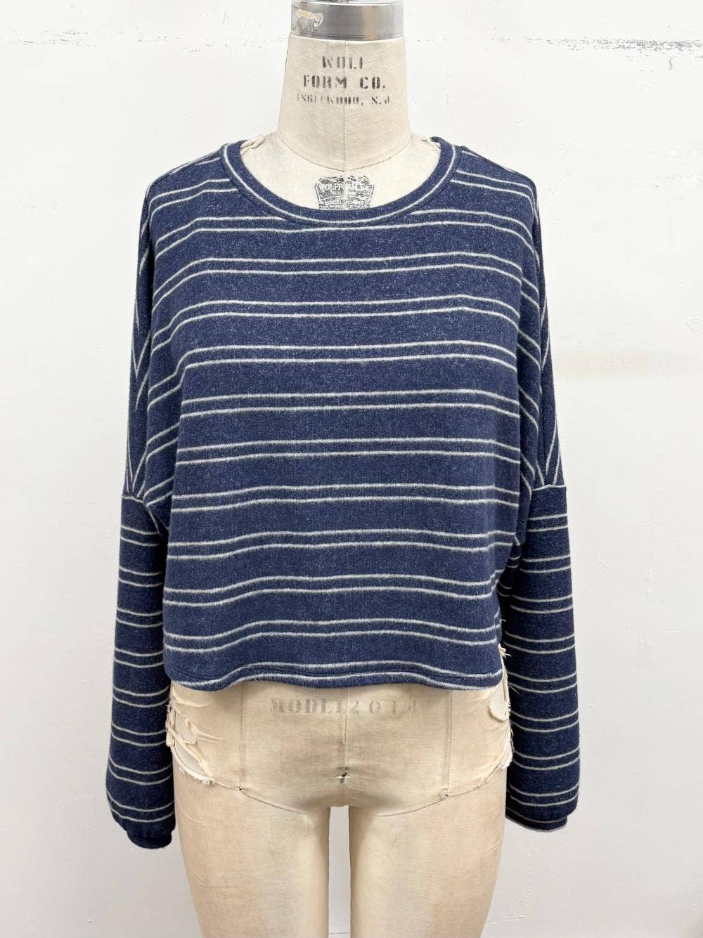 Striped Brushed Knit Pullover Top: NAVY / S