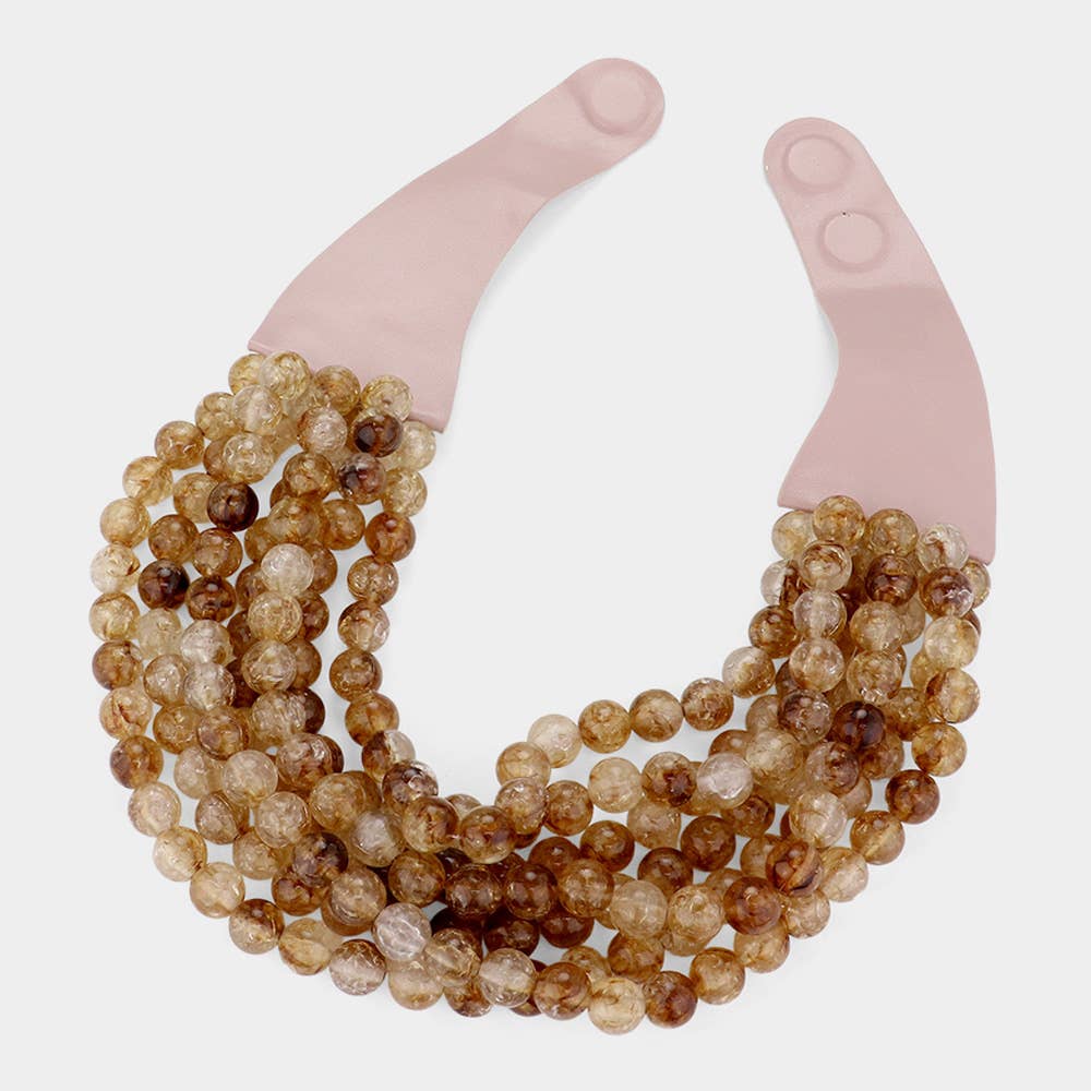 Chunky Acrylic Bead Layered Faux Leather Magnetic Necklace: Brown