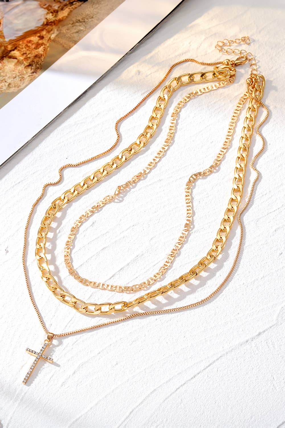Gold LDC Plated Cross Pendant Multi Layer Stacked Chains Necklace