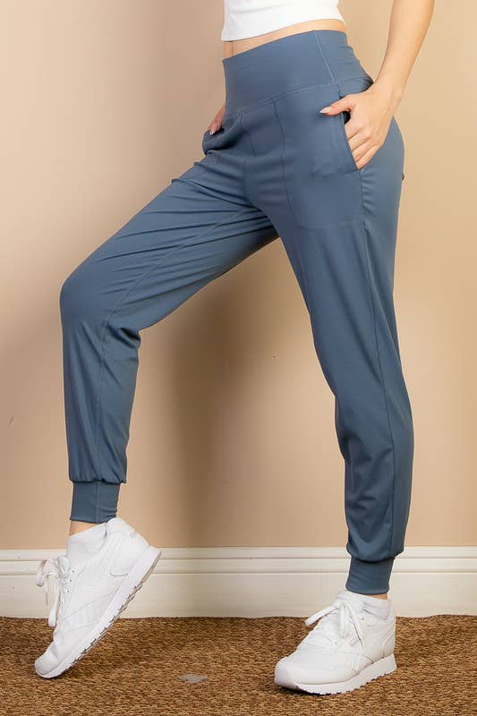 Sale Slate Blue High Waisted Wide Waistband Joggers