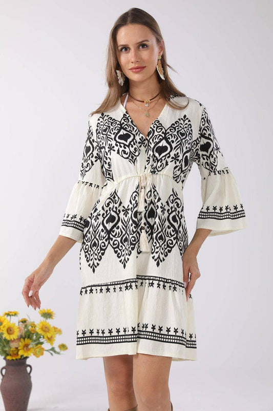 SALE Black & Cream Stormi Mixed Print Cover Up Dress With Tassel Ties