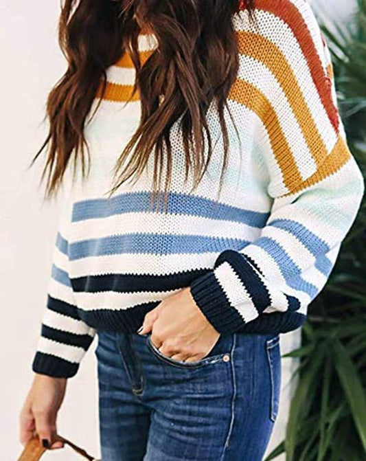 Striped Color-Block Knit Sweater: Blue