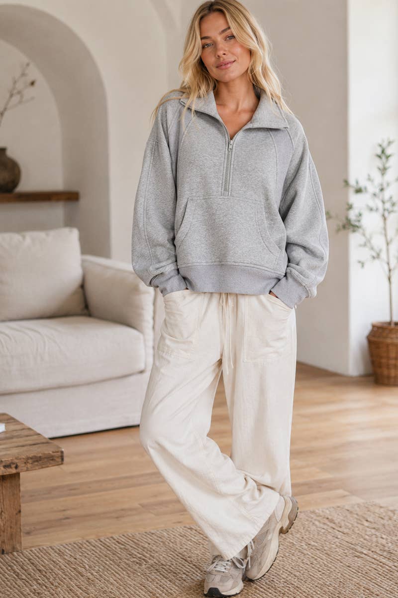 Gray Half Zip Funnel Neck Sweatshirt