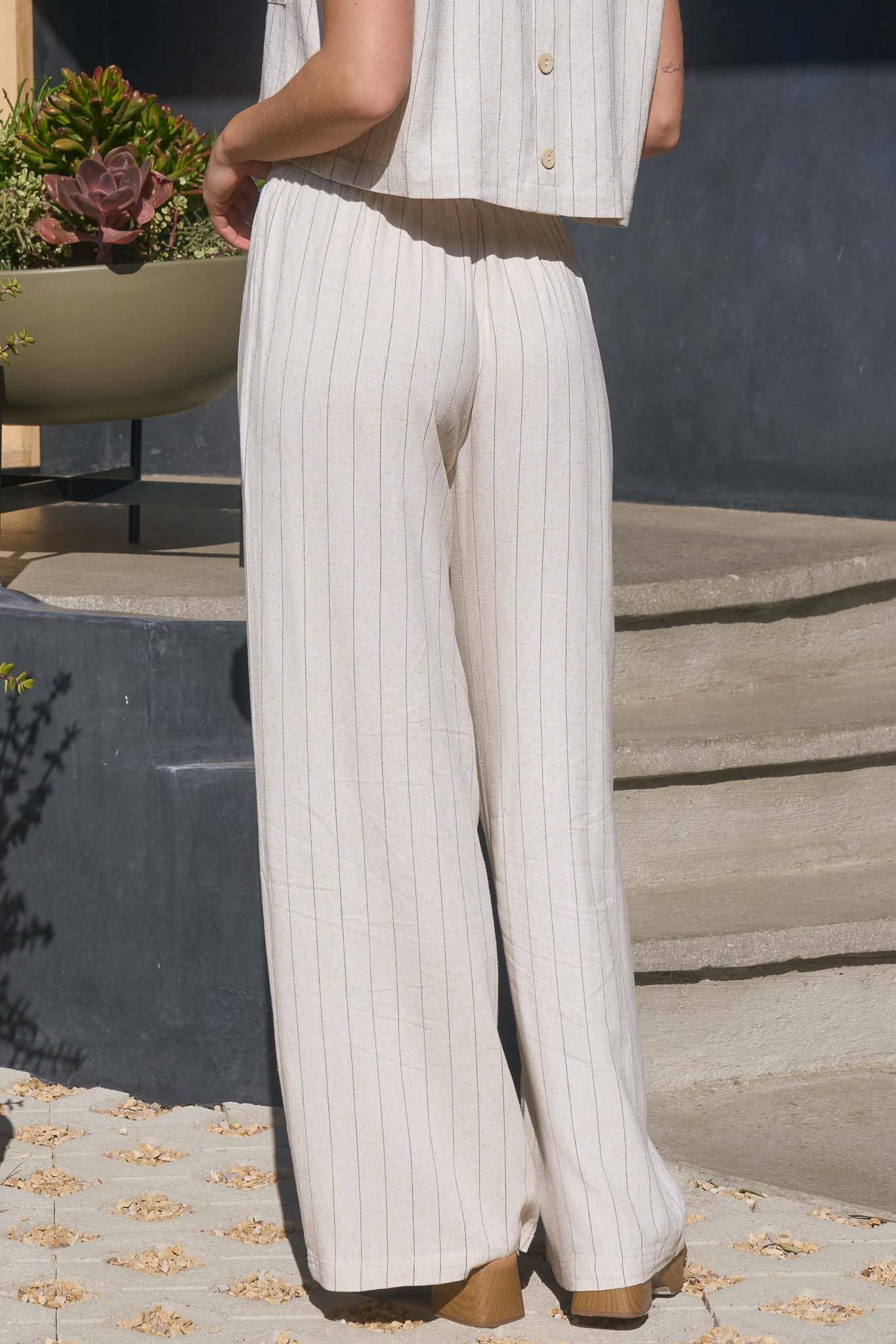 Oatmeal Pinstripe Linen Wide Leg Pants