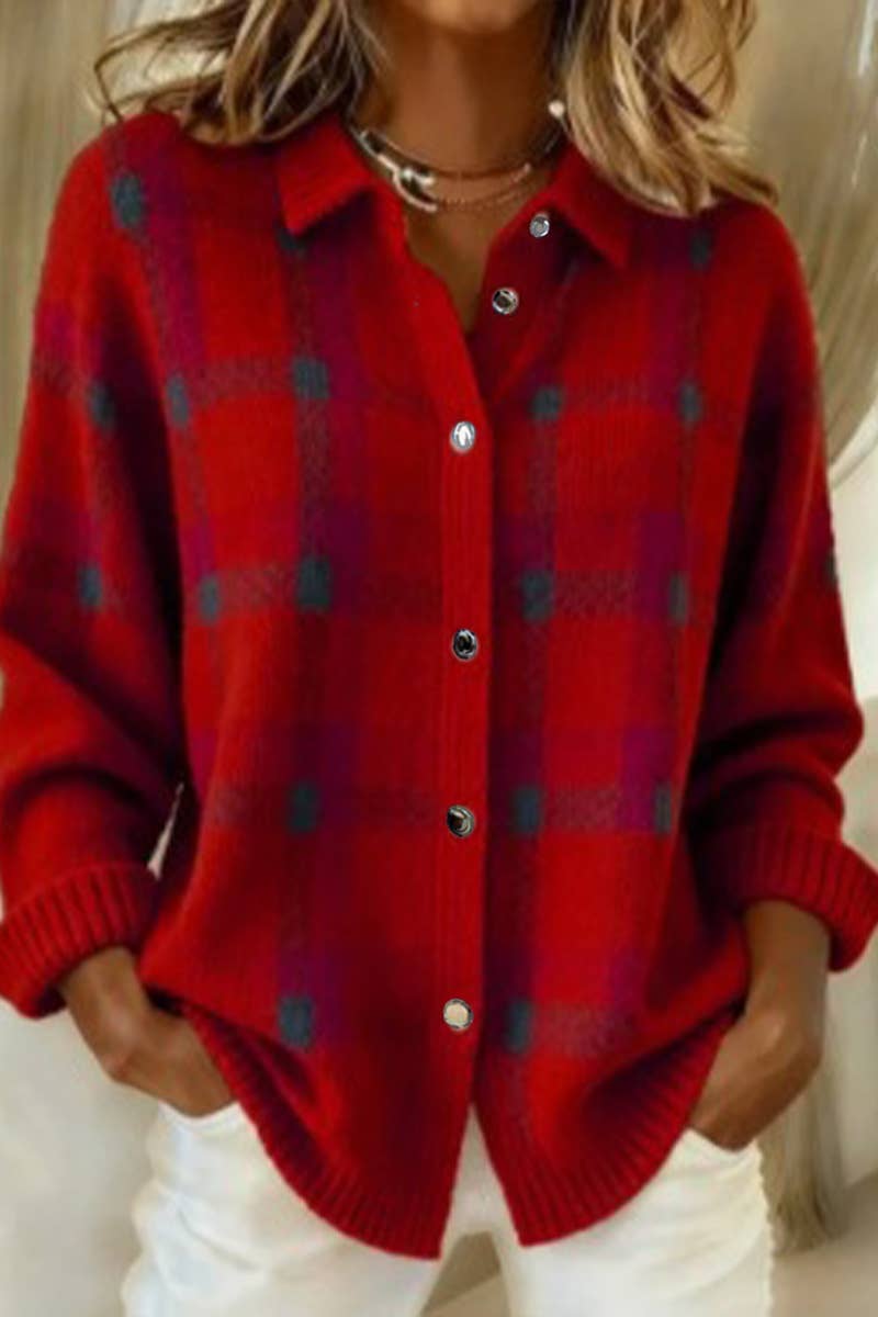 Plaid Knit Shirt Cardigan for Women, Relaxed Button-Up: Blue / 65%Viscose35%Polyester / S