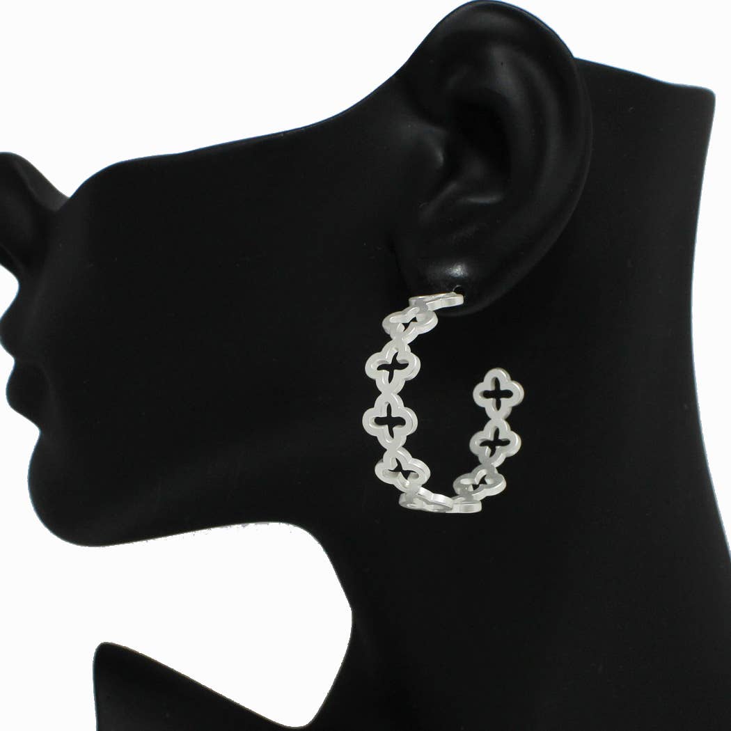 Matte Silver Clover Cutout Hoop Earring