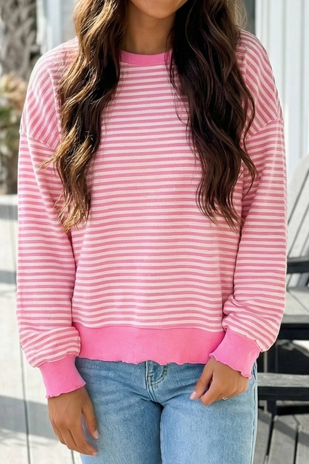 Pink Stripe Loose Drop Shoulder Long Sleeve Top