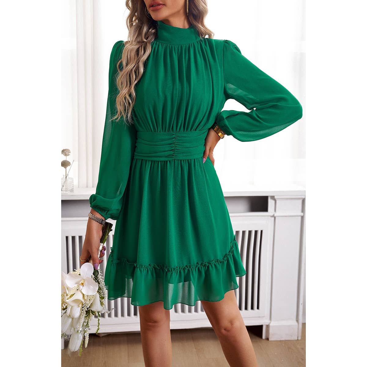 Green Mock Neck Self Belt Ruched Lined Ruffle Dress