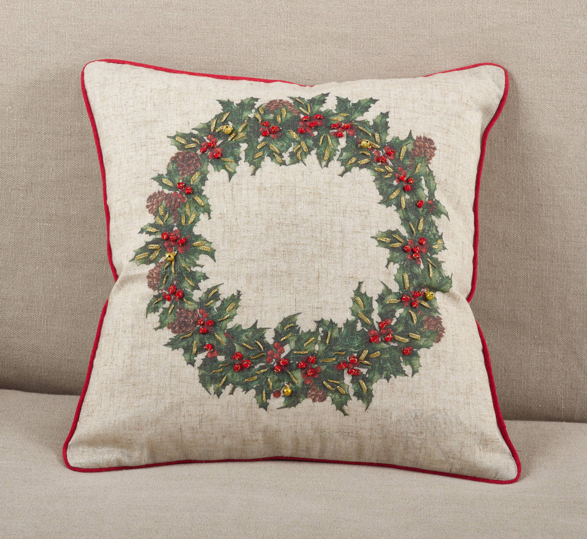 Holly Wreath w/ Bells Pillow - Poly Filled: Multi / Polyester Insert / 16"