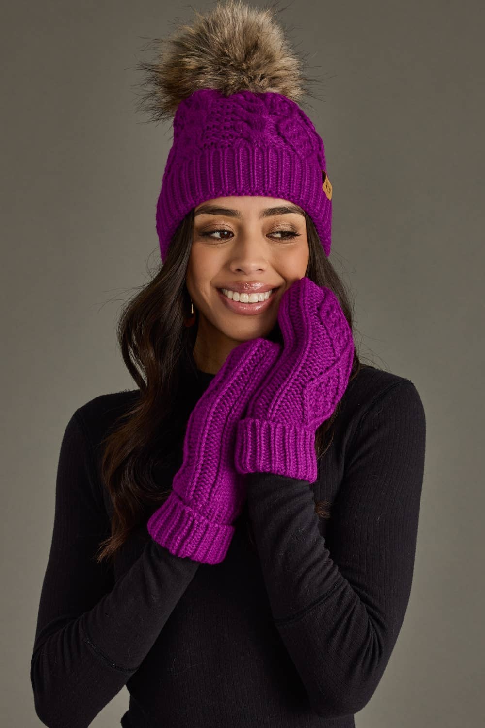 Purple Cable Knit Pom Hat