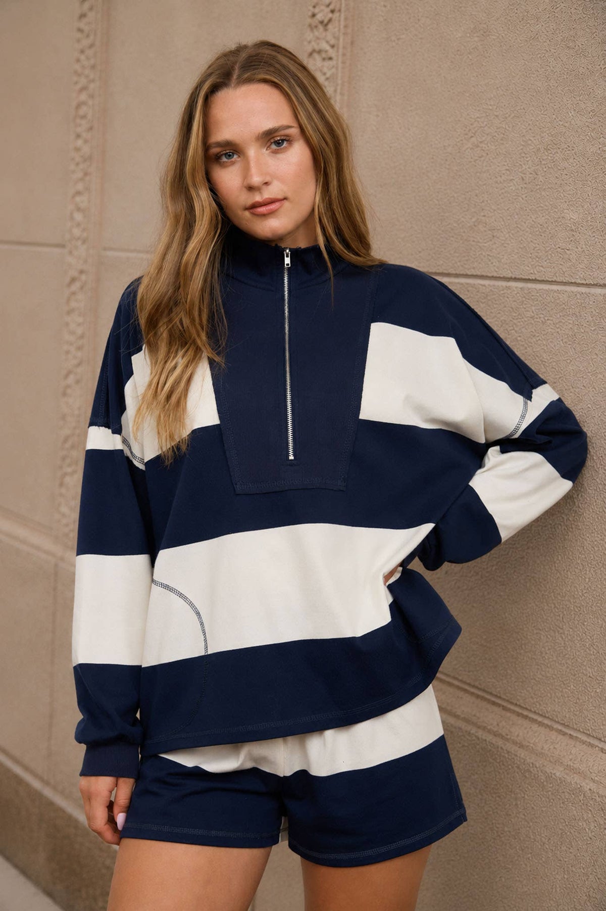 Brown Wide Stripe Half Zip Long Sleeve Top.