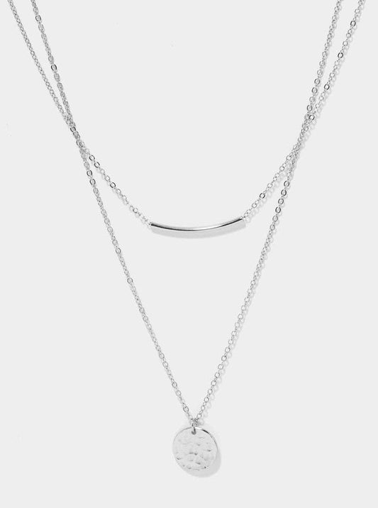 Hammered Metal Disc & Tube Bar Layered Necklace: Silver