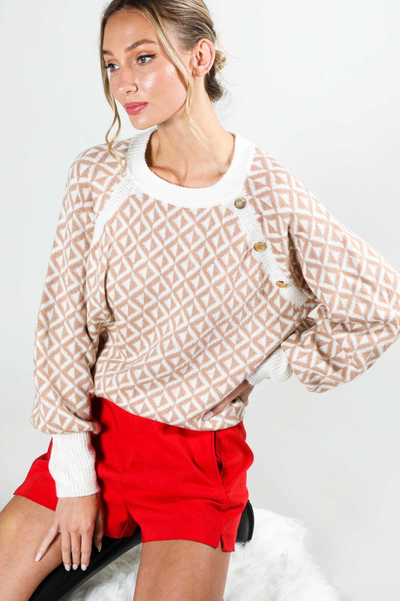 Taupe Geo Patterned Button Detailed Sweater