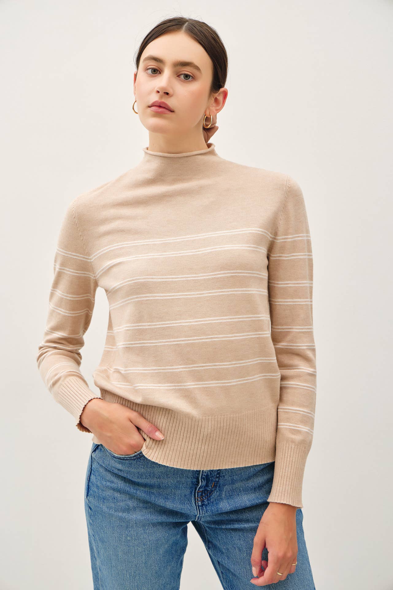 Thin Double Striped Oatmeal Mock Neck Sweater