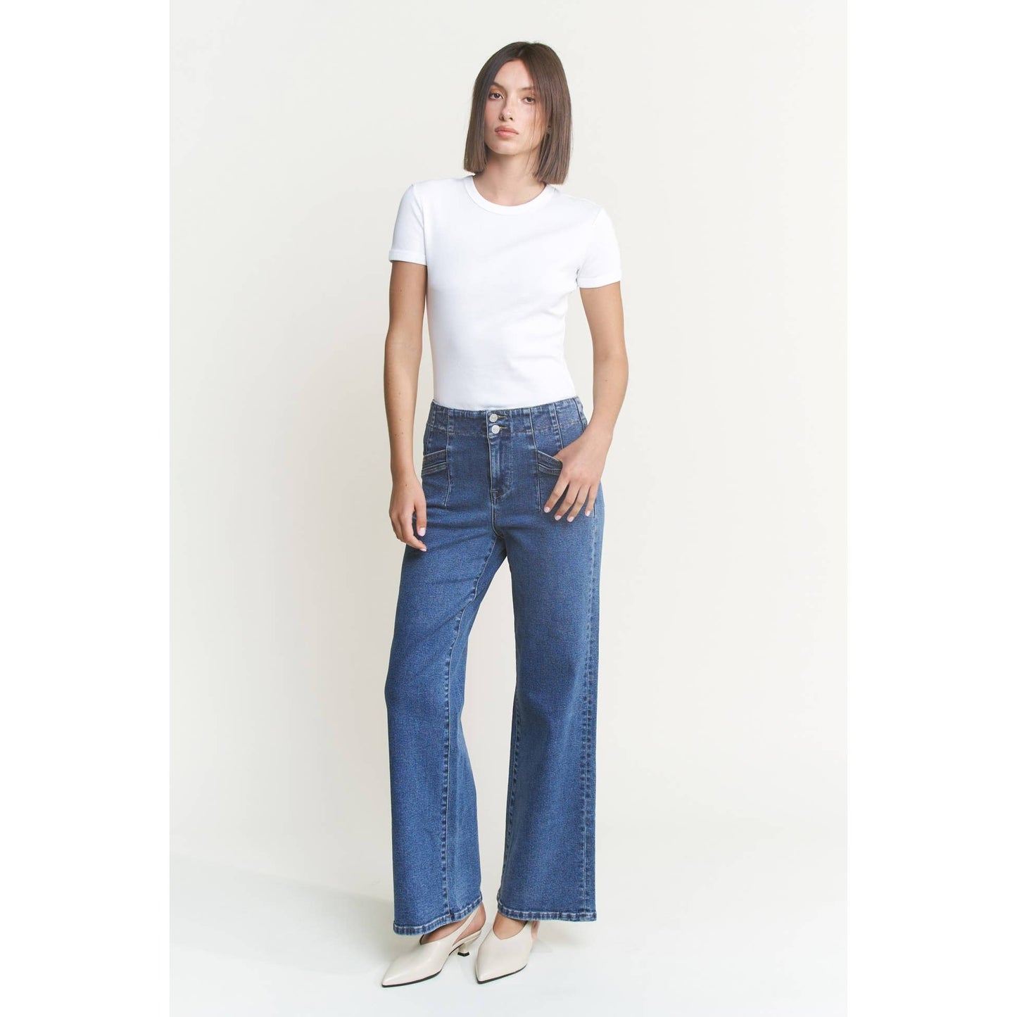 Mica Denim Super High Rise Wide Leg Double Button Medium Wash Jean