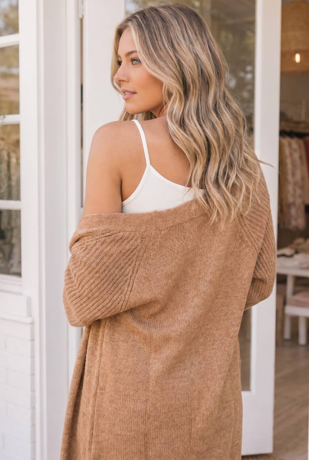 Camel Open Front Sweater Cardigan with Relaxed Patch Pockets