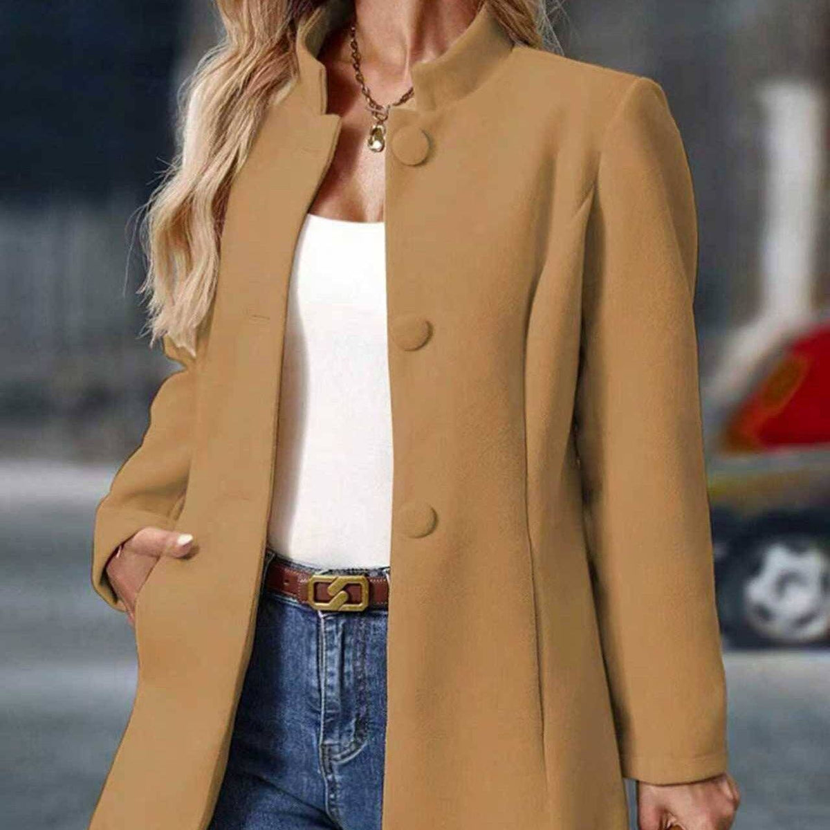 Women's Wool Coat Stand Collar Button Front Long Winter: Camel / Nan / S